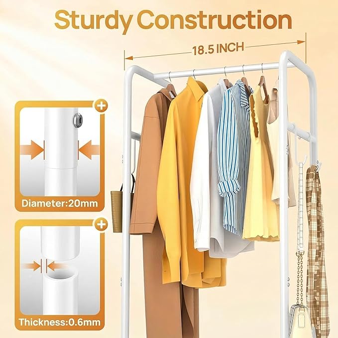 Clothes Rack with Wheels, Freestanding Garment Rack with 3 Metal Shelves for Hanging Clothes, Portable Hanging Rod for Small Room, Bedroom, Bathroom (White)