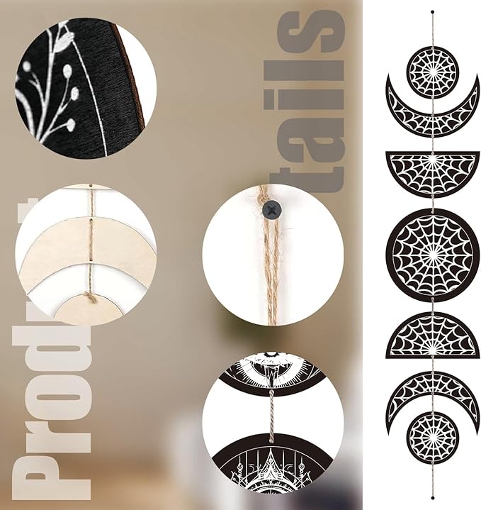 CREATCABIN 7Pcs Spider Web Moon Phase Wall Hanging Halloween Moon Cycle Bohemian Wall Decor Moon Wooden Ornaments Hang Vertical Decorative Gifts for Home Farmhouse Gallery Apartment Bar 37.1x6.3in