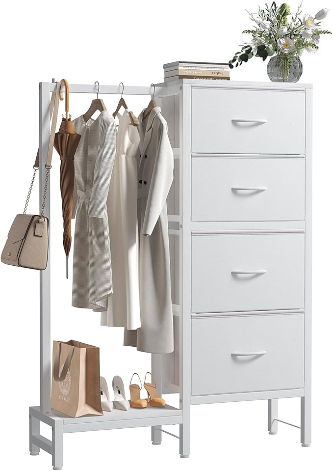 OLIXIS 4 in 1 Storage with Hanging Rack, Clothes Rack Shoes Rack, Bag Hook, Tall Storage Tower, Sturdy Frame for Bedroom Entryway Living Room White