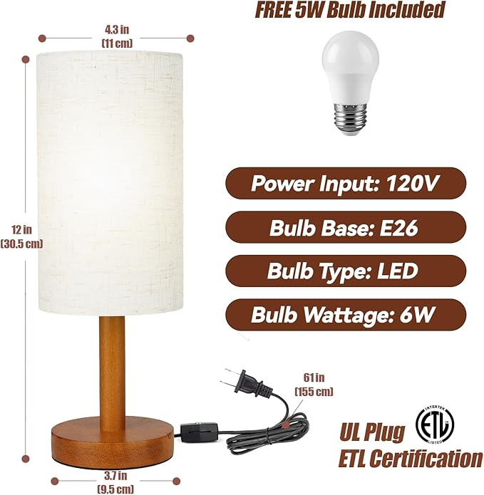 LALISU Small Table Lamp Nightstand Lamp Linen Lampshade Bedroom Wood Base Small Bedside Lamp for Night Stands, Desk Lamps for Reading Living Room, Office (LED Bulb Included) (Rosewood)