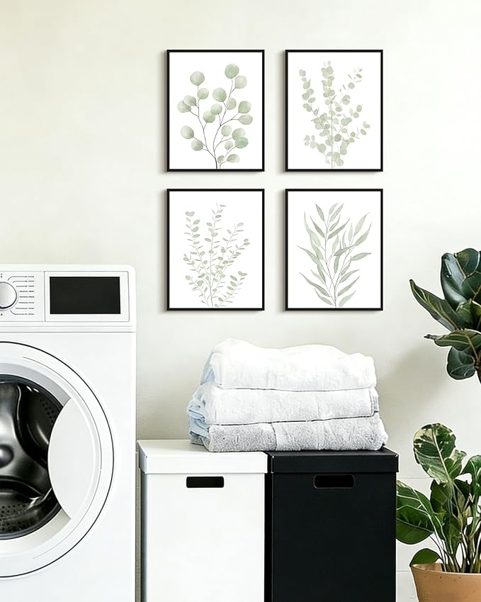 Drsoum Botanical Plant Framed Wall Art Boho Wall Decor for Bathroom Sage Green Eucalyptus Leaf Prints Minimalist Aesthetic Ready to Hang Set of 4, 8x10 in (Black Framed)