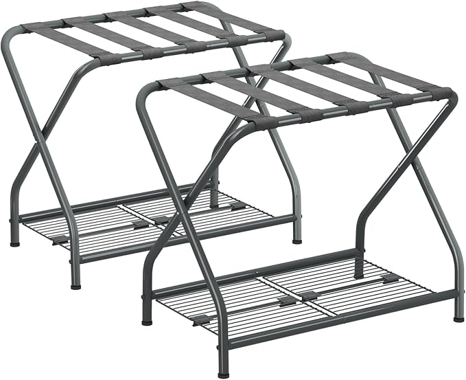 Set of 2 Luggage Rack with Storage Shelf, Foldable Suitcase Stand, Heavy Duty Metal Luggage Holder for Guest Room, Bedroom, Hotel, 150 lbs Top Capacity, 50 lbs Bottom Shelf LR-GY-2