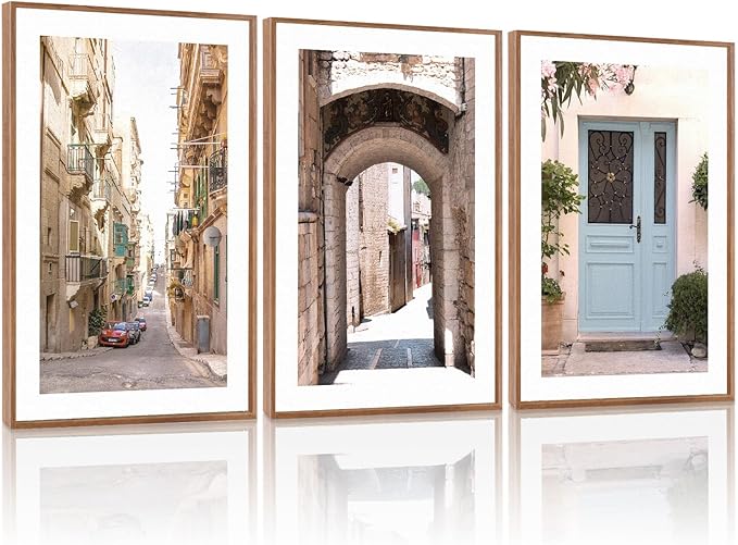 KAlRNE Vintage Cityscape Framed Canvas Wall Art Set of 3(24”X36”),European Street Scenery Wall Decor,Rustic Mediterranean Door Painting,Texture Alleyway Beige Art Prints For Living Room Bedroom Office