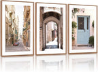 KAlRNE Vintage Cityscape Framed Canvas Wall Art Set of 3(24”X36”),European Street Scenery Wall Decor,Rustic Mediterranean Door Painting,Texture Alleyway Beige Art Prints For Living Room Bedroom Office