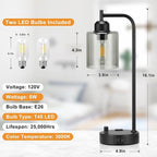 Industrial Desk Lamps for Office Set of 2 - Fully Dimmable Bedside Lamps with USB A C Ports and Outlet, Black Nightstand Lamps with Grey Glass Shade for Living Room, Table Lamps for Bedrooms Reading