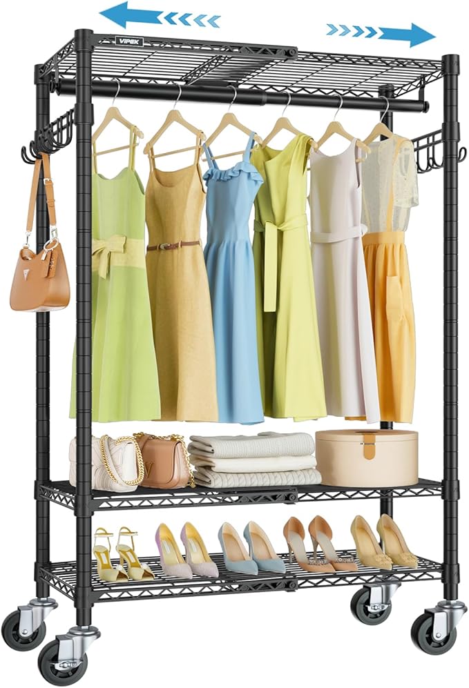 VIPEK R3X Expandable Clothes Rack with Lockable Wheels, 600 lbs Capacity Heavy Duty Rolling Garment Rack with Adjustable Width (2' to 3'5") Shelves, Space-Saving Storage Closet for Small Space (Black)