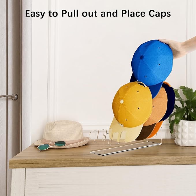 4 Pack Hat Storage Organizer for Baseball Caps - Acrylic Hat Display Rack for 28 Ball Caps, No Install Hats Stand Shelf for Trucker and Golf Cap, Hats Holder for Closet, Bedroom (Clear)