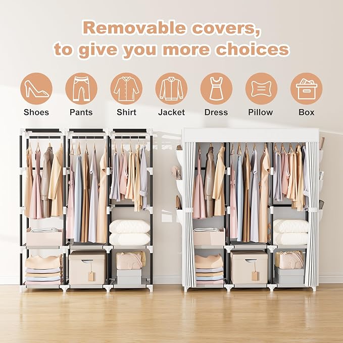 VTRIN Portable Closet Wardrobe for Hanging Clothes Closet with Cover, 3 Hanging rods, 6 Storage Shelves and Side Pocket, Diameter 19mm Metal Pipe, Sturdy Free Standing Closet for Bedroom, White