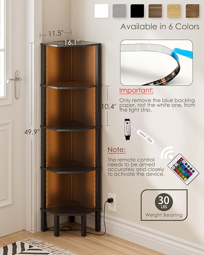 Corner Shelf Stand, 5 Tier Corner Bookshelf,Corner Furniture for Bedroom Display Corner Shelf for Small Space,Wood Shelves with Storage Rack for Living Room,Office,Black