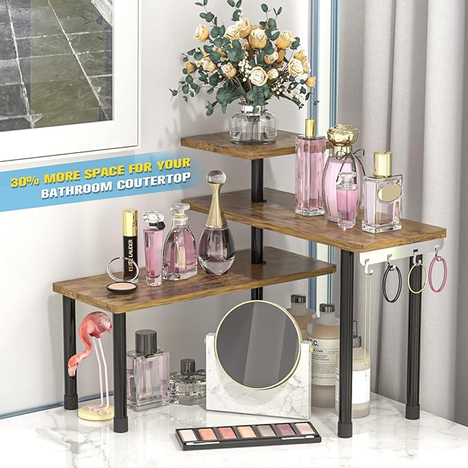 JayRex Countertop Organizer Organization, 3 Tier Moveable Corner Shelf Organizer for Kitchen, Bathroom, Spice Rack, Coffee Area, Over Sink, Dresser Table (Rustic Brown)
