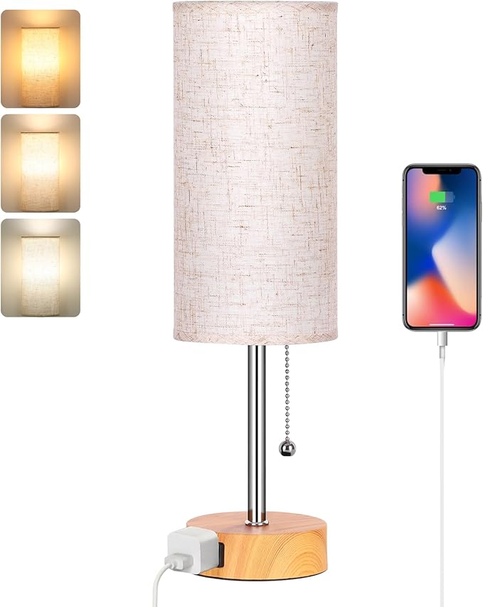 Dott Arts Table Lamp for Bedroom, 3-Color Bedside Lamps with Pull Chain, Bedroom Table Lamps for Nightstand,AC Outlet Small Lamp for Living Room, Bulb Included Oatmeal