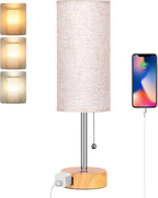 Dott Arts Table Lamp for Bedroom, 3-Color Bedside Lamps with Pull Chain, Bedroom Table Lamps for Nightstand,AC Outlet Small Lamp for Living Room, Bulb Included Oatmeal