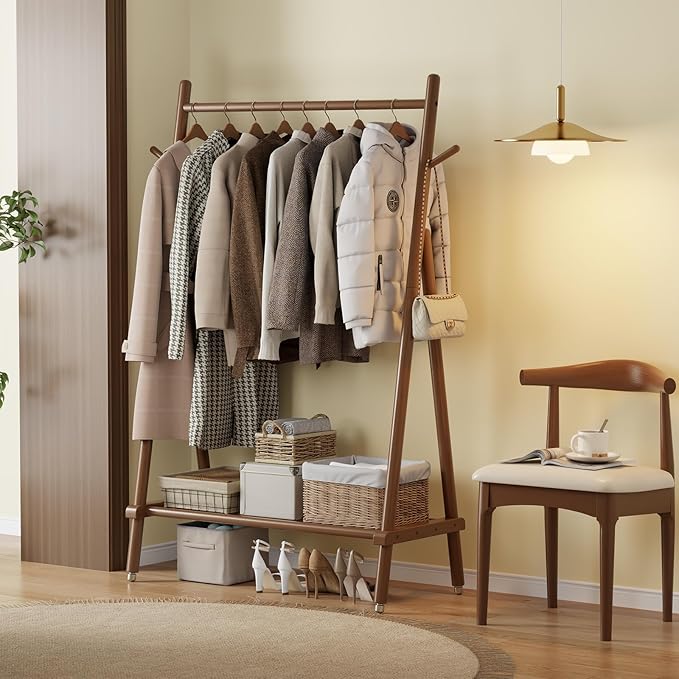 Solid Wood Clothing Rack, Rolling Clothes Rack for Hanging Clothes, Garment Rack with Shelves Load 350 Lbs, Portable Closet Organizer on Wheels for Hanging Clothes (Walnut)