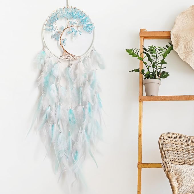 White and Cyan Dream Catcher Wall Decor Crystal Tree of Life Dream Catchers Handmade Feather Dreamcatcher Wall Hanging Ornament for Bedroom Living Room Home Decor