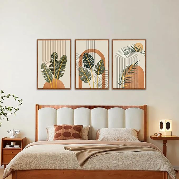 KAIRNE Boho Canvas Wall Art,Abstract Minimalist Room Decor,Tropical Botanical Wall Decor,Mid-Century Geometric Illustrations Set of 3(24”X36”),Botanical Print for Living Room Bedroom Dining Room Decor