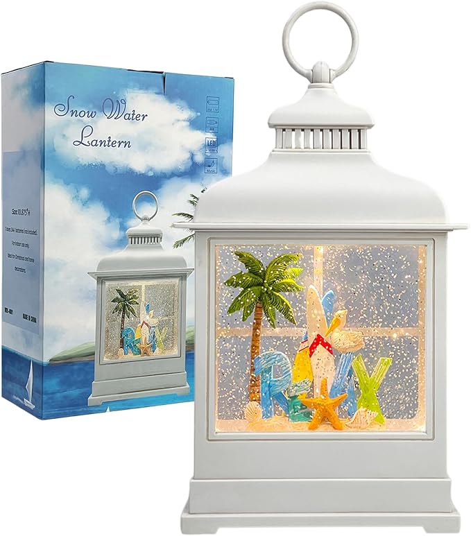 Tropical Beach Vacation Themed Snow Globe Lantern with Music - USB or Battery Powered Light Up Water Lantern with Surfboard Swirling Glitter Water Globe Costal Ocean Decor (Coconut Tree)