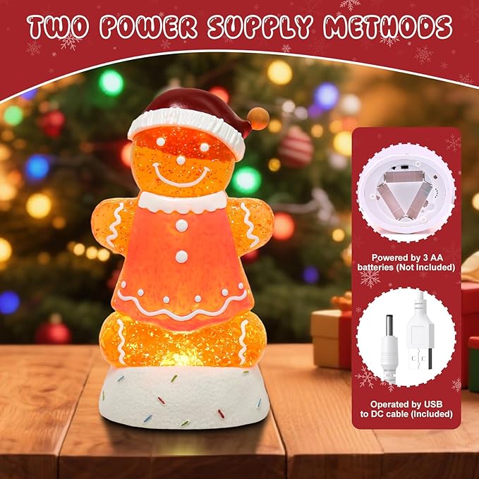 Gingerbread Christmas Snow Globe Lantern with 8 Music Songs & 6H Timer Water Snow Globe Lantern USB & Battery Operated for Christmas Festival Decorations Gifts (Pink Gingerbread)