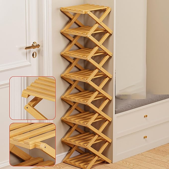 9 Tier Bamboo Shoe Rack, The 9-Tier No-Assembly Bamboo Rack, Foldable Bamboo Shoe Rack, Foldable Vertical Organizer, Vertical Shoe Organizer for Small Spaces (Nature)