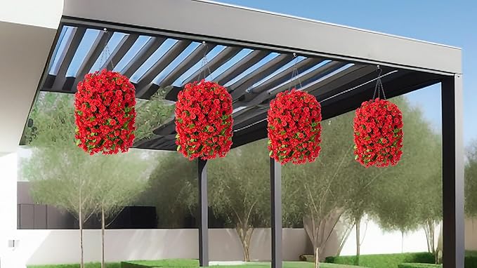 Artificial Faux Hanging Flowers Basket for Spring Summer Outdoor Outside Porch Decoration, Fake Silk Colorful Morning Glory Eucalyptus UV Resistant Look Real for Home Patio Balcony Yard(Red)