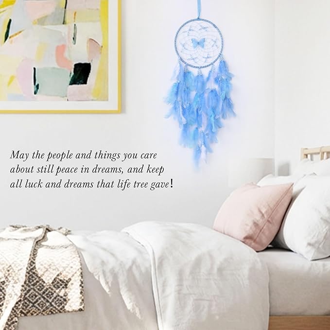 Pretty Jolly Dreamy Girls Butterfly Dream Catcher Wall Decor Fairy Blue Feather Baby Dreamcatcher Handmade Home Décor Wall Hanging for Nursery Bedroom Girls Birthday Gift