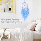 Pretty Jolly Dreamy Girls Butterfly Dream Catcher Wall Decor Fairy Blue Feather Baby Dreamcatcher Handmade Home Décor Wall Hanging for Nursery Bedroom Girls Birthday Gift