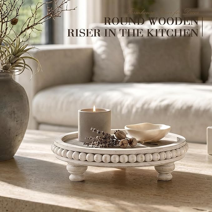 EOSAHR Pine Round Wood Riser for Room Decor– Retro Beaded Pedestal Tray for Plant Stand, Perfume Organizer & Cupcake Stand – Boho Home & Bathroom Accents(Whitewash)