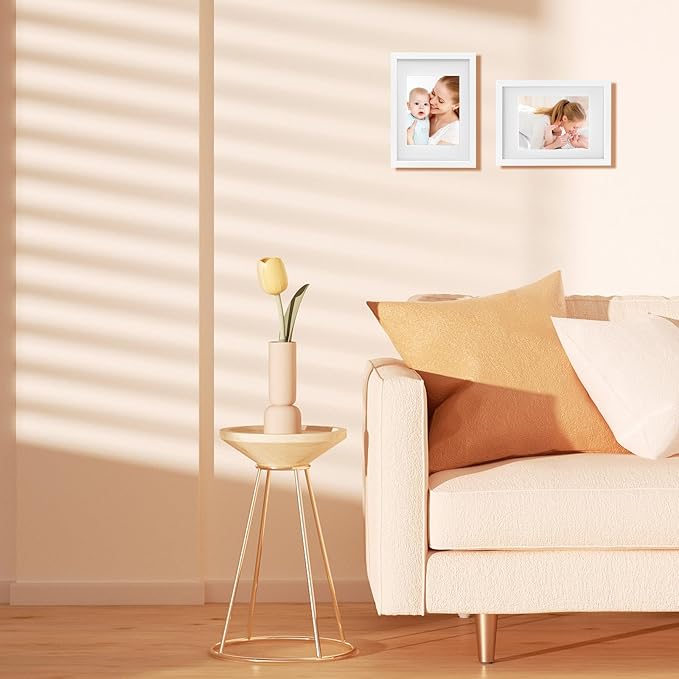 Egofine A4 Picture Frames Set of 4, Made of Solid Wood Covered by Plexiglass 5x7 and 6x8 with Mat or A4 whitout Mat, for Table Top Display and Wall Mounting Photo Frame White