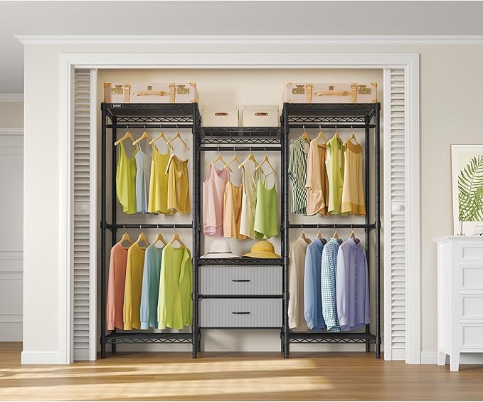 VIPEK V20 Plus Clothes Rack, Metal Clothing Rack with 6 Shelves, 5 Hanging Rods & 2 Fabric Drawers, Freestanding Garment Rack for Bedroom & Walk-in Closet, Large Wardrobe Closet Max Load 850LBS, Black
