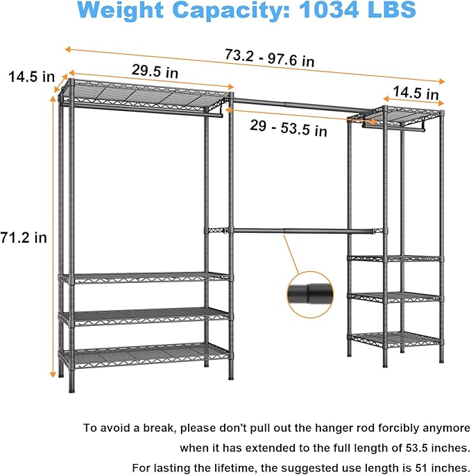Ulif E11 Heavy-Duty Garment Rack, Metal Freestanding Clothes Rack and Closet Storage Organizer System with 8 Shelves and 4 Hanger Rods, (73.2-97.6)" W x 14.5" D x 71.2" H, Load 1034 LBS, Black