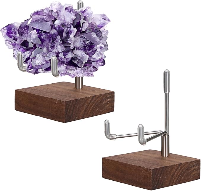 Hipiwe Crystal Display Stand Adjustable Metal Arms Display Stand Easel with Wooden Base for Displaying Geodes Rock Mineral Agate Coral Seashell and Small Collectibles,2"x2"x2.9"