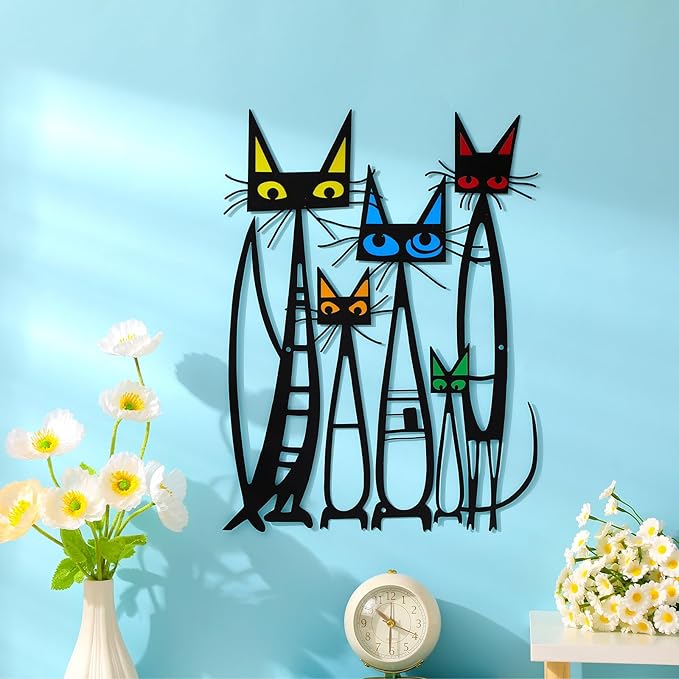 Wesiti Cat Wall Art Decor Iron Wall Sculptures Decor for Cats Lover 10.6 x 15.7 Inches Colorful Mid Century Cat Retro Signs for Home Living Room Bedroom Kitchen Office(Fashion)