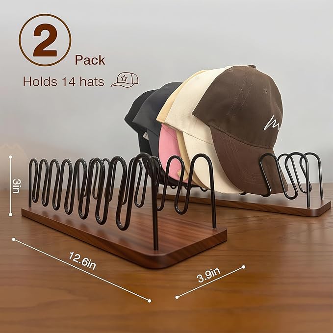 Hat Organizer -2 PacK | Wood & Metal Hat Rack Holds 14 Caps | Space-Saving Closet Shelf Organizer for Bedroom, Dresser, Entryway