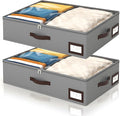 OIAHOMY 2 Pack Under Bed Storage, 6 Inch High Under Bed Storage Containers with Adjustable Dividers, Dual Zippers, &Clear Lid, 38L Under Bed Drawers For Clothes, Blankets, Clothing, & Shoes, Grey