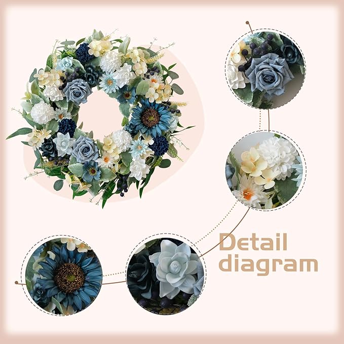 22" Spring Flower Wreath for Front Door Summer Wreaths with Sunflowers Roses Gardenias, Artificial Floral Green Foliage Wreath for Wall Window Farmhouse Party Holiday Home Decor（White Blue）