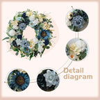 22" Spring Flower Wreath for Front Door Summer Wreaths with Sunflowers Roses Gardenias, Artificial Floral Green Foliage Wreath for Wall Window Farmhouse Party Holiday Home Decor（White Blue）