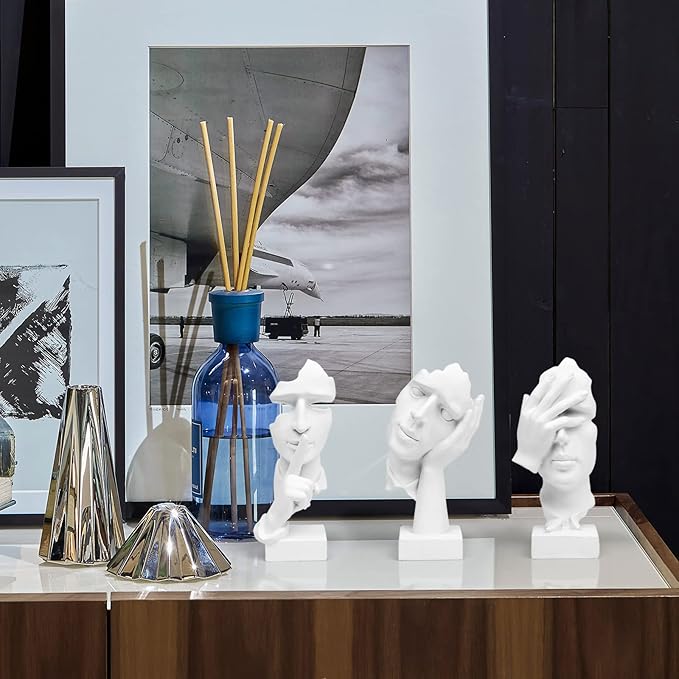 3 Pcs Thinker Statue, Silence is Gold Abstract Art Figurine, No Hear No See No Speak Modern Home Resin Sculptures Decorative Objects Decor for Home Office Bookshelf Desktop(White), A-41