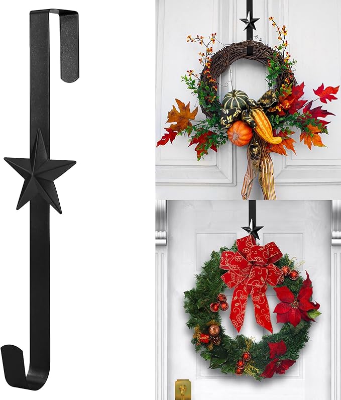 Wreath Hangers for Front Door,15" Sturdy Metal Wreath Doors Hangers,Over The Door Hooks for Front Porch Decor,Garland Hooks Holders for Halloween Christmas Decorations (Black Star, 1 Pack)