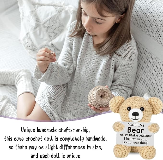 Inspirational Handmade Crochet Bear, Positive Emotional Support Bear, Valentine's Day Gift, Birthday Thanksgiving Basket Gift for Home Decorations