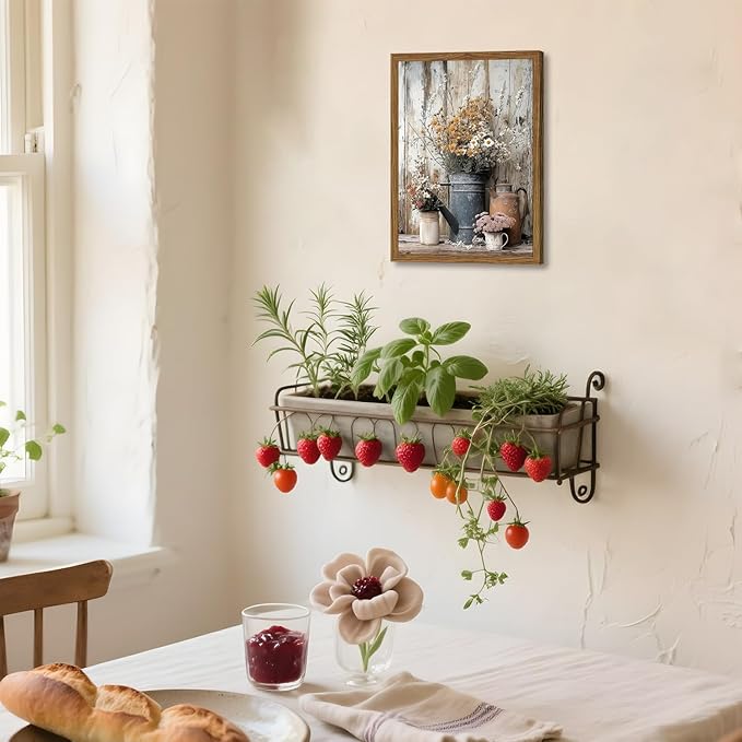 Wood Framed Farmhouse Vintage Canvas Wall Art, Rustic Floral Daisy Pictures Wall Decor Paintings, Country Flower Artwork Poster Prints for Living Room Kitchen Bedroom Bathroom 12x16 inch