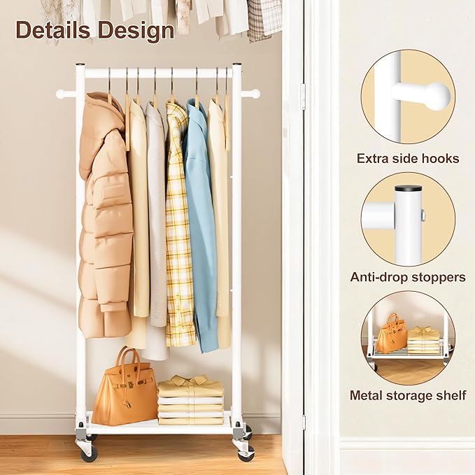 MISSLO Kids Clothing Rack for Small Space Kids Dress Up Storage with Shelf Short Baby Clothes Rack for Hanging Clothes & Dance Costumes Small Garment Rack for Closet, Wardrobe, White
