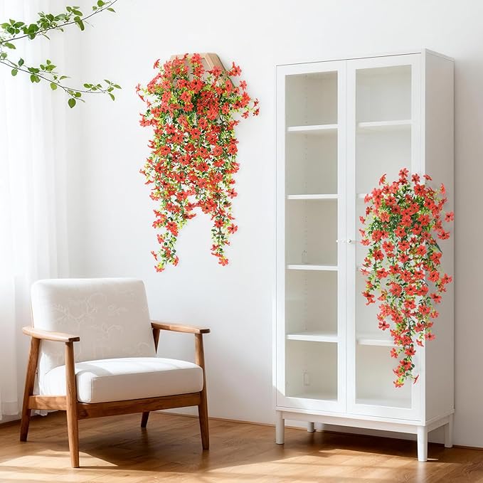 Artificial Fake Hanging Flowers Plants for Outdoor Spring Decoration,2 PCS Faux Silk Daisy with Eucalyptus Leaves,UV Resistant Look Real for Outside Home Indoor Planter Porch Patio Balcony Yard Decor