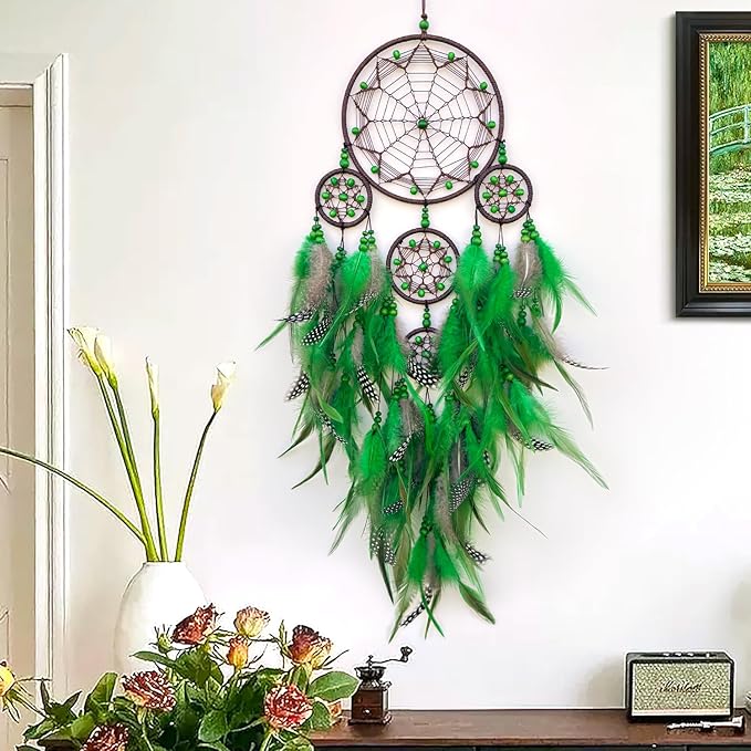 Large Dream Catchers Handmade Green Dream Catcher, Boho Wall Hanging Decor with Beads, Native American Style Dreamcatcher for Bedroom,Living Room,Home Ornament, for Birthday,Festival