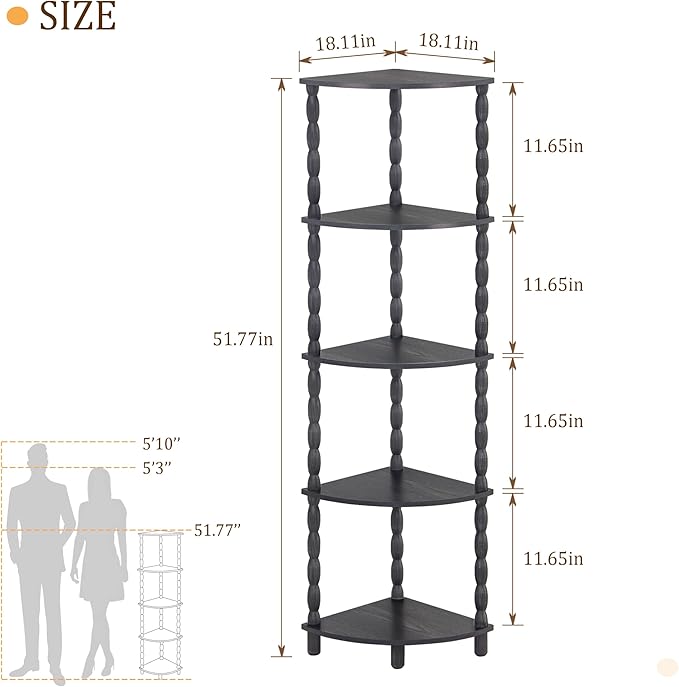 MaxSmeo Corner Shelf, 5-Tier Corner Bookshelf, Stylish Corner Storage Display Shelves for Bedroom, Bathroom, Kitchen, Living Room (Charcoal Gray)