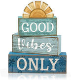 Lineshading 4 Pcs Beach Themed Table Decor Good Vibes Only Wood Block Sign Wooden Sunshine Beach Tiered Tray Decorations Summer Centerpiece Decor Funny Farmhouse Summer Decorations for Home Shelf