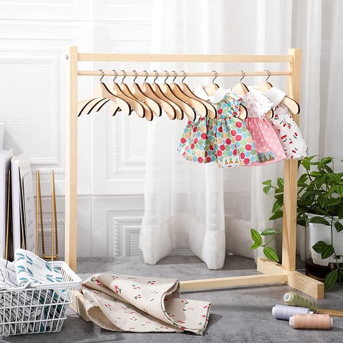Estune Dog Garment Rack with 12 Wood Pet Clothes Hanger Wooden Dog Dress up Storage Small Closet Pet Clothes Organizer Accessories for Doll Cat and Puppy(Small)