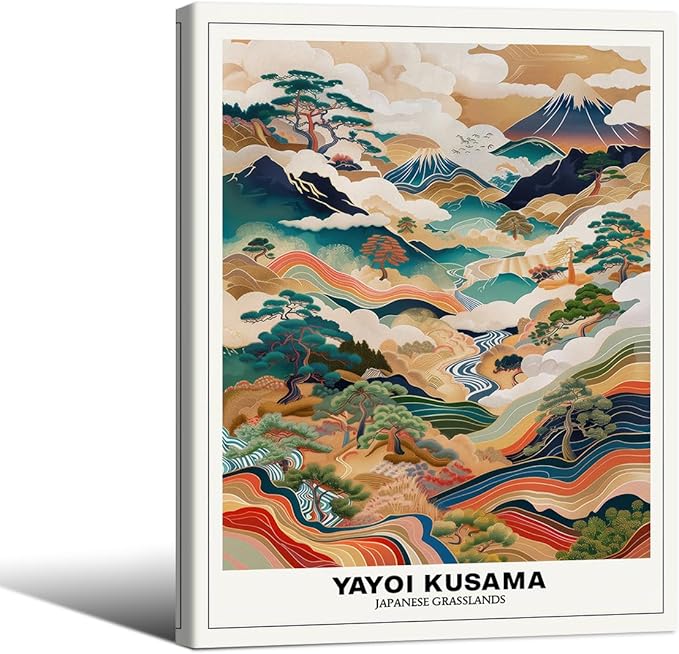 Vintage Yayoi Kusama Grasslands Posters Japanese Wall Art Yayoi Kusama Abstract Landscape Canvas Print for Stylish Room Bedroom Living Room Gallery Decor 8x10in Framed