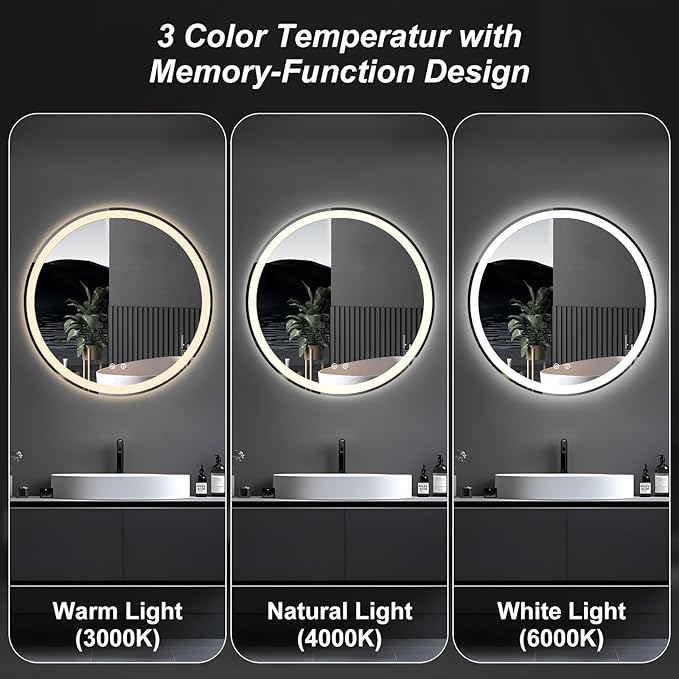 DUMOS 36 Inch Round LED Bathroom Mirror with Lights, Circle Vanity Mirror with Anti-Fog, Dimmable, 3-Color Light, Front Light and Backlit, Memory Function, Tempered Glass