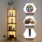5 Tier Corner Shelf with LED Light,Tall Standing Shelf Organizer,Narrow Bookshelf,The Classic Combination of Rustic Brown and Black Standing Bookcase,Suitable for Bedroom,Living Room,Kitchen