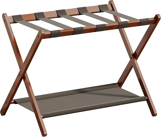 Bamboo Luggage Rack for Guest Room, 26.77" Folding Wide Suitcase Stand with Fabric Storage Shelf, Thickened Luggage Stand Holder for Bedroom Hotel, Luggage Rack for Suitcases (1 Pack - Brown)