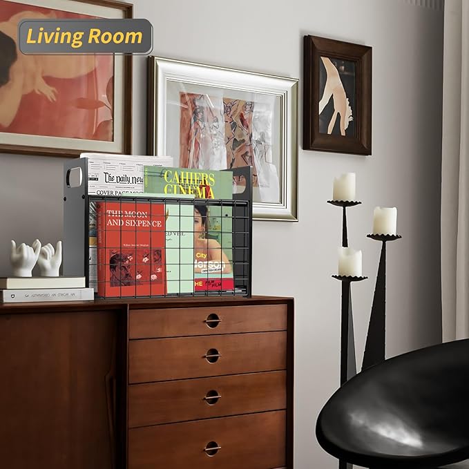 Magazine Rack, Magazine Holder for Desktop and Home Office, Magazine Basket Decorative Books Organizer Farmhouse File Storage Basket for Magazines, Books, Newspapers, Tablets, Black